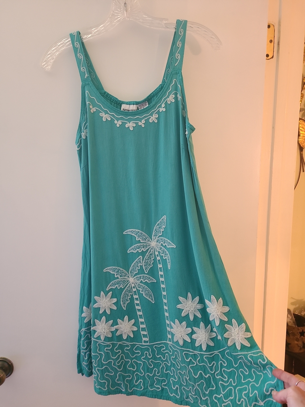 Vintage Raya Sun Turquoise Embroidered Palm Tree Flowers Shift Sundress Cotton
